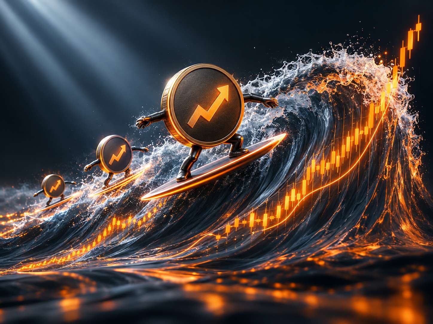 Coins surfing on a huge wave shaped like a price chart