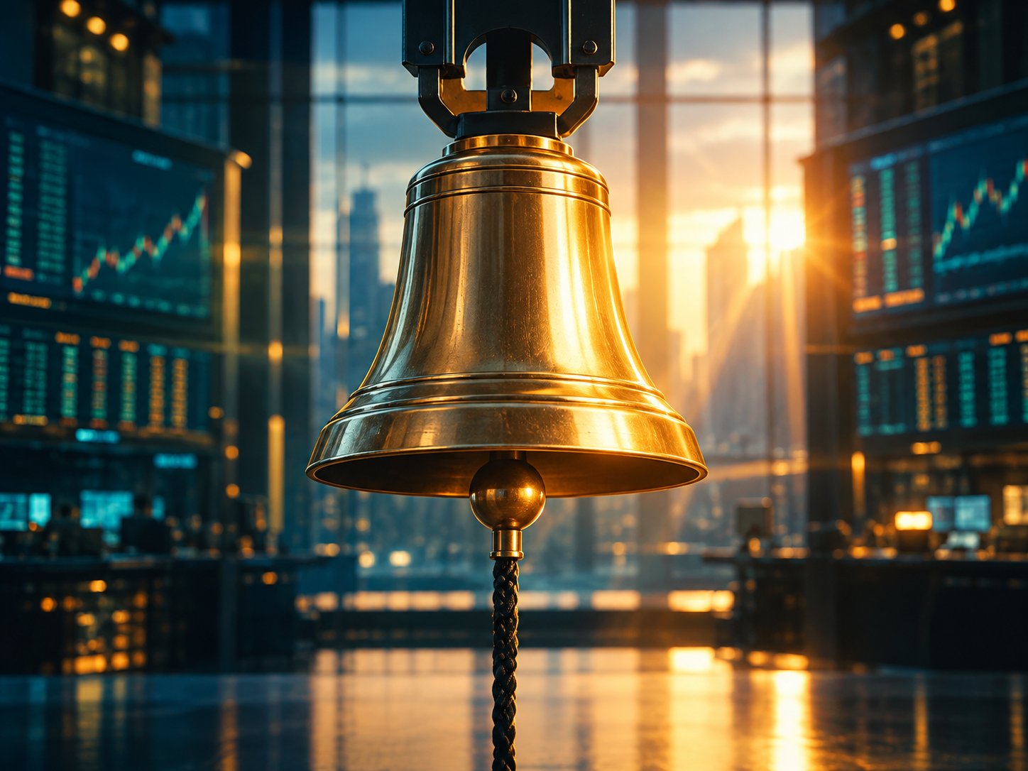Golden bell with light rays at the moment of market open