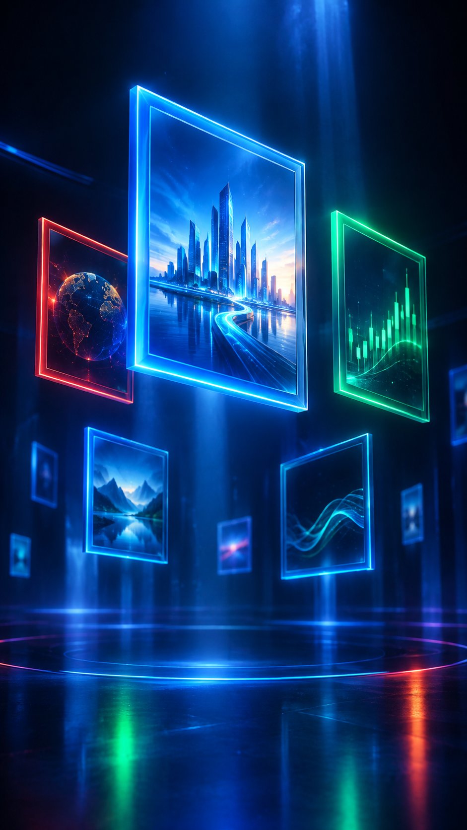Floating digital art frames made of light in a virtual gallery