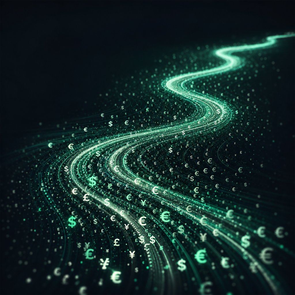 Flowing river of light made of tiny currency symbols