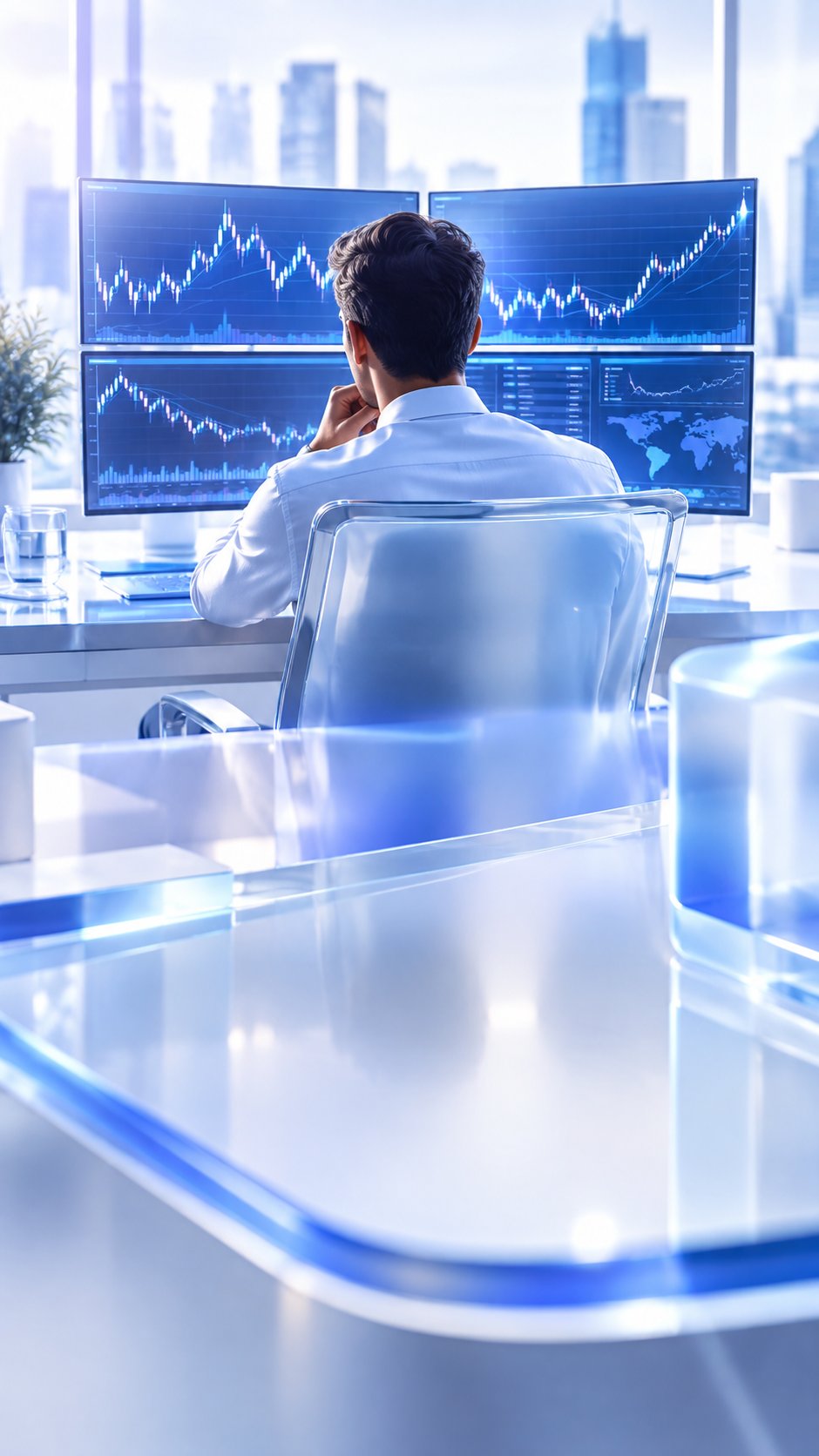 Professional forex trader at a multi monitor desk viewing currency charts seen from behind