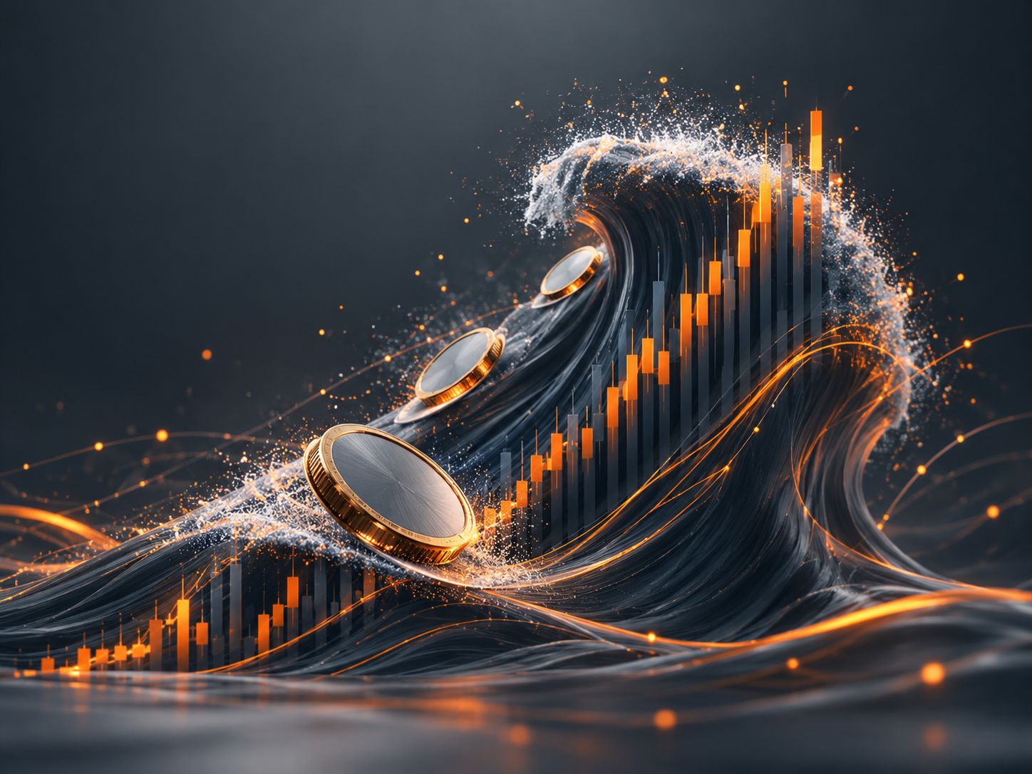 Coins surfing on a huge wave shaped like a price chart