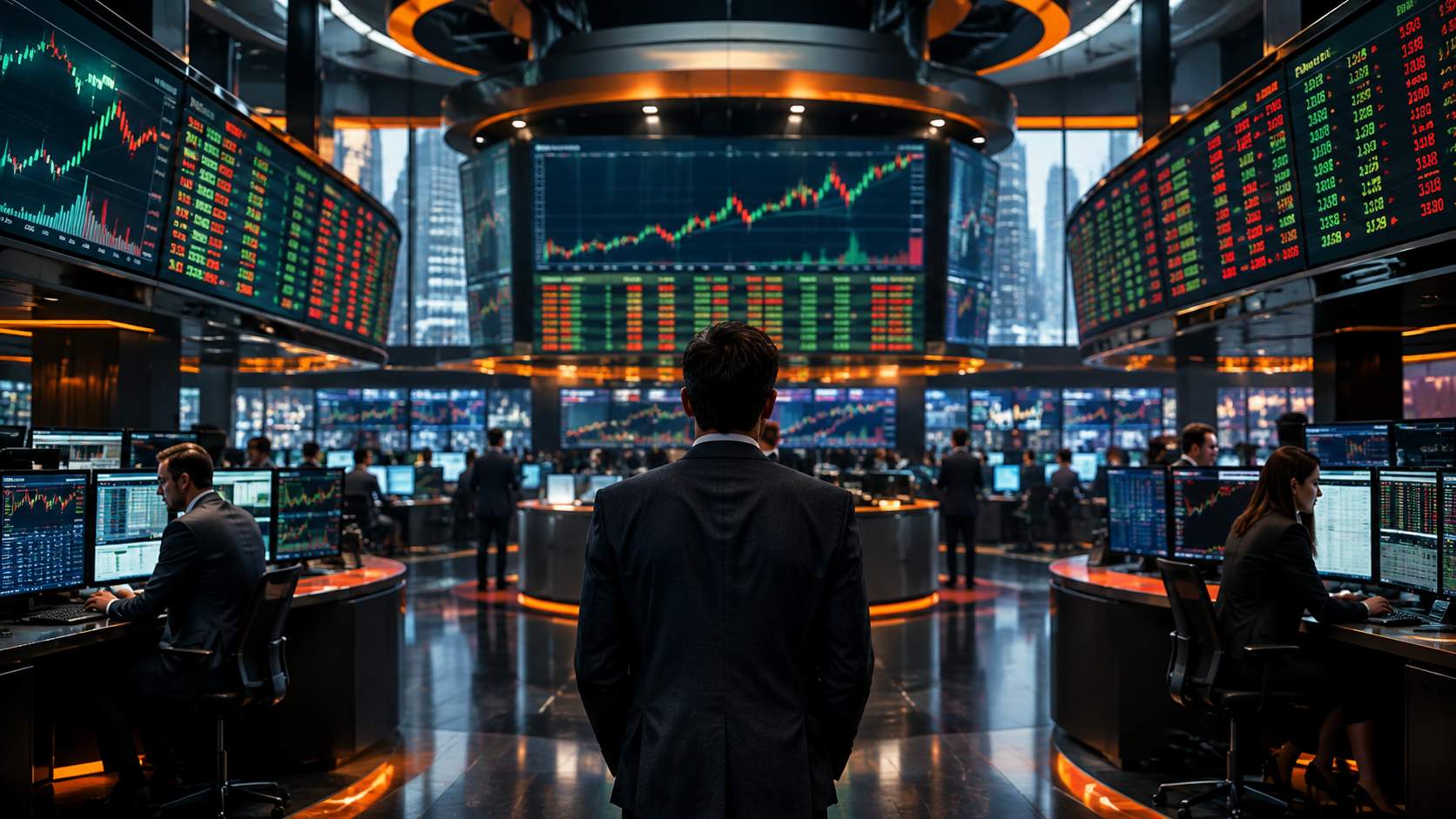 Modern stock exchange trading floor with large screens of green and red tickers